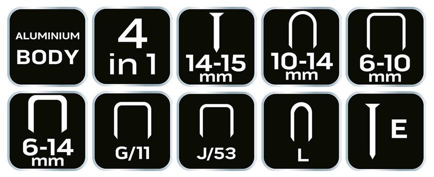 Степлер 4в1, 6-14 мм, алюміній, скоби J, G, L, E 16-030 фото