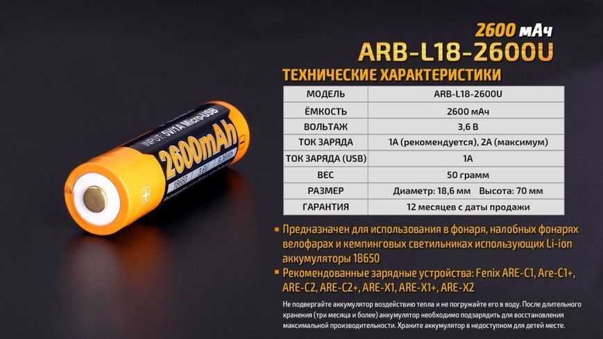 Акумулятор 18650 Fenix (2600 mAh) micro usb зарядка ARB-L18-2600U фото